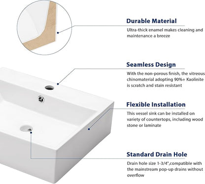 Sarlai Wall Mount Vessel Sink - 21 x 16 Inch Wall Mounted Bathroom Sink White Wall Hung Rectangle Porcelain Sink With Overflow Ceramic Basin Floating Lavatory Sinks