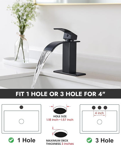 Midanya Waterfall Spout Bathroom Faucet Single Handle 1 Hole Bathroom Sink Faucet,Modern RV Lavatory Vanity Basin Tap with Water Hose,No Drain,Short Body,Matte Black