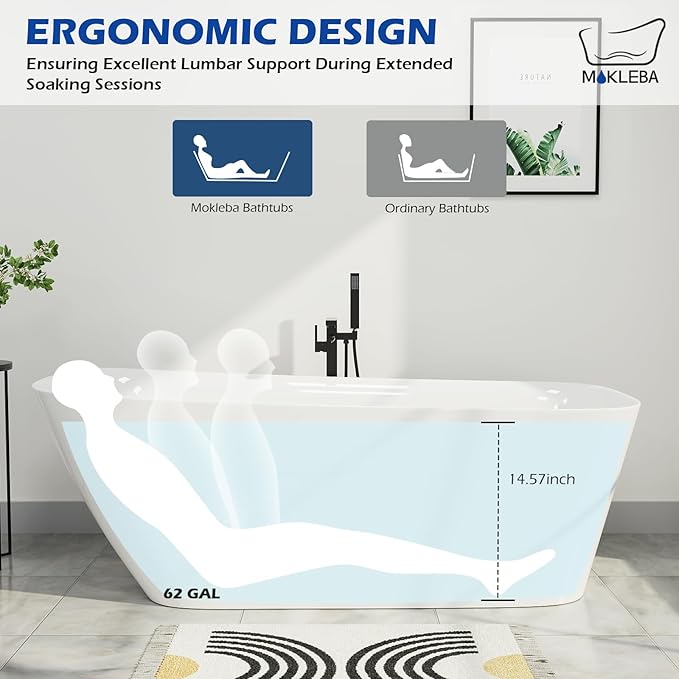 59" Acrylic Freestanding Bathtub, Single Slipper Free Standing Tub, Soaking Tub with Integrated Slotted Overflow, Toe-Tap Chrome Drain, cUPC Certified, Glossy White
