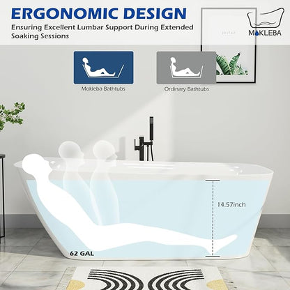 59" Acrylic Freestanding Bathtub, Single Slipper Free Standing Tub, Soaking Tub with Integrated Slotted Overflow, Toe-Tap Chrome Drain, cUPC Certified, Glossy White