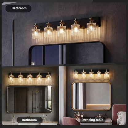 OCIOC 5-Light Black and Gold Bathroom Light Fixtures Over Mirror, Modern Brushed Gold Vanity Lights for Bathroom, Sconces Wall Lighting with Glass Shade for Mirror Bedroom Hallway