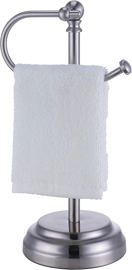 SunnyPoint Heavy Weight Classic Decorative Metal Fingertip Towel Holder Stand for Bathroom, Kitchen, Vanity and Countertops. (Brush Chrome, Overall: 6.7" x 5.5"x13.4"H)
