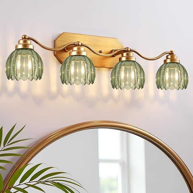 Gold Vanity Light, Vintage Tulip Green Glass Shade, Antique Brass Finish | 4 Light Brushed Gold Bathroom Light Fixtures, Crystal Wall Sconce, Mounted Over Mirror for Bedroom Hallway, Easy to Install