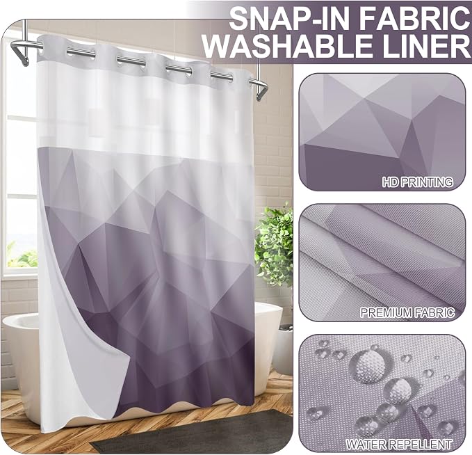 No Hook Shower Curtain with Snap in Liner Set, Purple, 71x74 | Waterproof Fabric for Bathroom, Modern Hotel Style Ombre Design, Mesh Top Window, Machine Washable, Quick Install