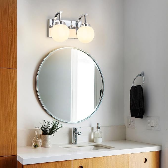 Modern 2 Lights Vanity Light Over Mirror Bathroom Vanity Light Fixtures Chrome Wall Sconce with Milk Glass Vanity Light for Bathroom Lighting