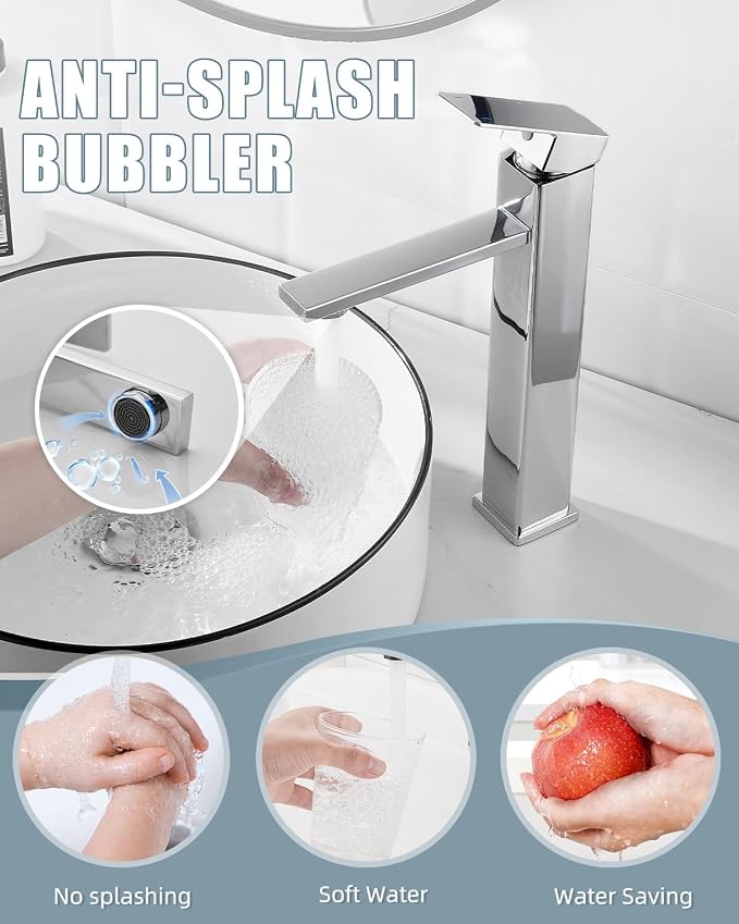 Bathroom Sink Faucet, Single Handle Bathroom Faucets with Pop-up Drain and 2 Supply Hoses, Chrome Single Hole Tall Barrel Vanity Faucet, 304 Stainless Steel