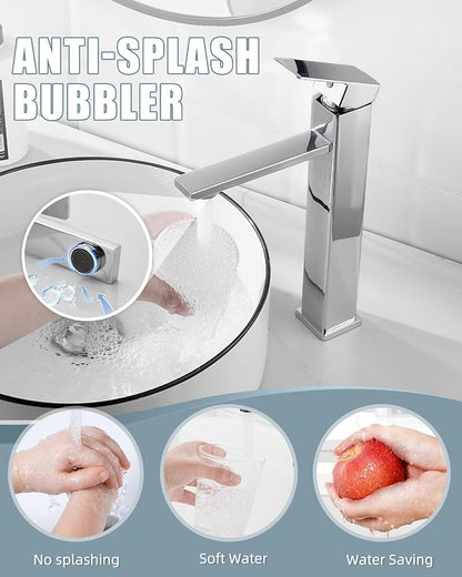 Bathroom Sink Faucet, Single Handle Bathroom Faucets with Pop-up Drain and 2 Supply Hoses, Chrome Single Hole Tall Barrel Vanity Faucet, 304 Stainless Steel