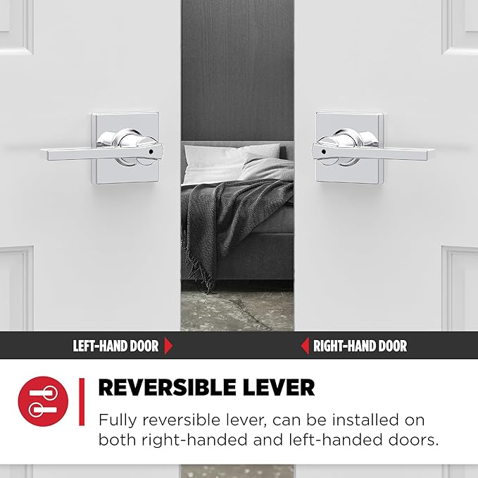 Kwikset Casey Interior Privacy Door Handle with Lock, Door Lever for Bathroom and Bedroom, Polished Chrome Reversible Keyless Turn Lock (Pack of 4)