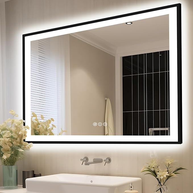 EchosLife 55x40 Bathroom Mirror with LED Lights - Black Framed | Black Frame, Front and Backlit, Anti-Fog, Stepless Dimmable, 3 Colors, Memory, Tempered Glass, UL Listed, Horizontal/Vertical