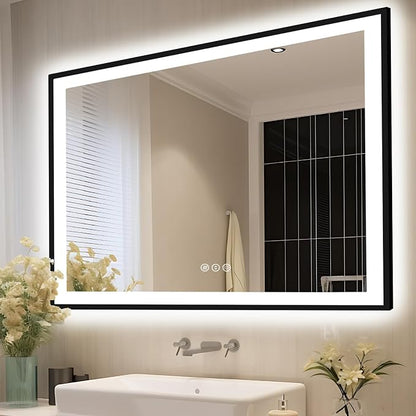 EchosLife 55x40 Bathroom Mirror with LED Lights - Black Framed | Black Frame, Front and Backlit, Anti-Fog, Stepless Dimmable, 3 Colors, Memory, Tempered Glass, UL Listed, Horizontal/Vertical