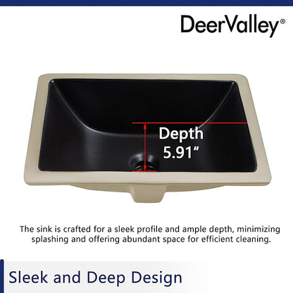 DeerValley Black Undermount Bathroom Sink 18'' x 13'' Rectangular Ceramic Bathroom Wash Basin with Overflow Hole DV-1U306B