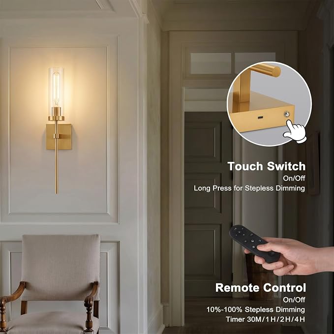 Wireless Wall Sconces with Remote Control, Brushed Gold Battery Operated Wall Sconce Set of 2, Dimmable Rechargeable Wall Decor Lights for Living room Dining room Bathroom Bedroom Hallway Stairwell