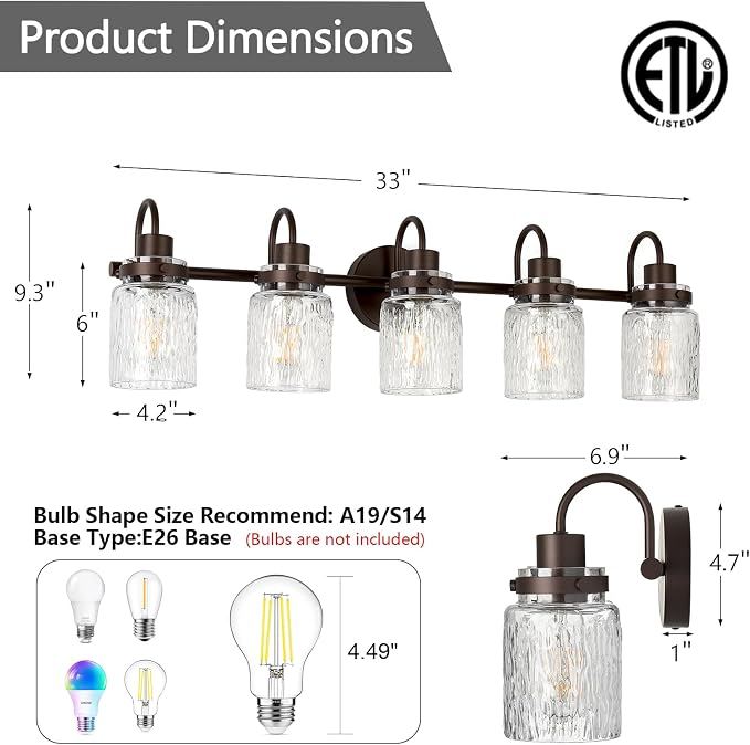 5 Lights Bathroom Vanity Light, Oil Rubbed Bronze Bathroom Light Fixtures with Hammered Glass Lampshade for Dressing Table,Over Mirror,Hallway