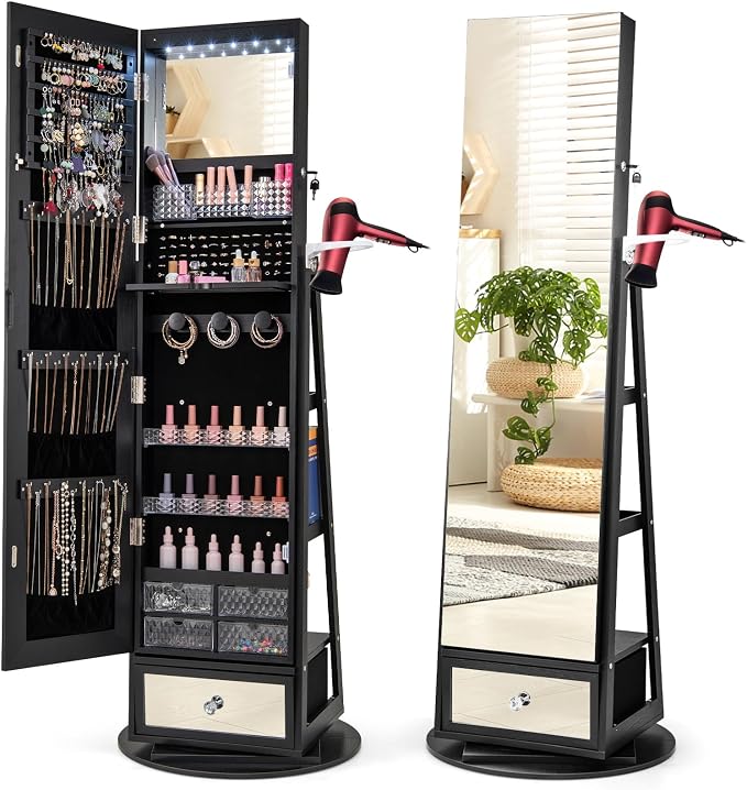 GOFLAME 360 Rotating Jewelry Cabinet with Full Length Mirror, Standing LED Jewelry Armoire, Lockable Jewelry Organizer with Hair Dryer Rack, Back Storage Shelves, Inner Makeup Mirror, Black