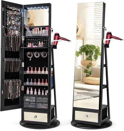 GOFLAME 360 Rotating Jewelry Cabinet with Full Length Mirror, Standing LED Jewelry Armoire, Lockable Jewelry Organizer with Hair Dryer Rack, Back Storage Shelves, Inner Makeup Mirror, Black