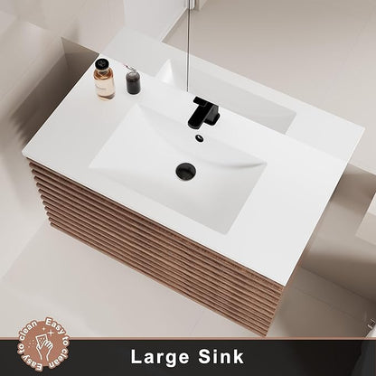 LUCKWIND 36" Floating Bathroom Vanity with Sink, Mid-Century Wall Mounted Big Drawer Cabinet with Large Sink, Water Saving Faucet and Wood Stripes Style, Walnut