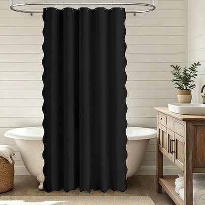 BTTN Small Shower Curtain, 60 Inch Boho Scalloped Linen Textured Thick Fabric Shower Curtain Set with 10 Hooks, Narrow Country Bohemian Farmhouse Waterproof Shower Curtains for Bathroom, 60x72, Black