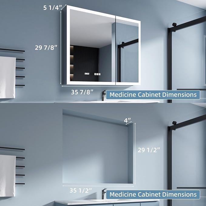 LED Medicine Cabinet 24x30 Anti-Fog Mirror Dimmable Recessed Mount | 3 Color Dimmable LED. Time Temp Display. Anti-Fog IP44. 2 Outlets+2 USB. Plug-in/Hardwired. Recessed/Wall Mount.