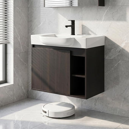 28" Bathroom Vanity with Sink, Wall-Mounted Cabinet, Dark Oak | Ceramic Sink, Soft-Close Door & 2 Open Storage Shelves, Modern Farmhouse Sink Cabinet, Easy to Clean for Small Bathroom