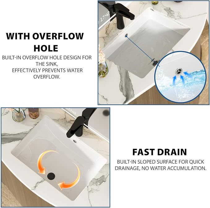White Undermount Bathroom Sink 21.1"x15.1"Ceramic Basin | Modern Porcelain Under Counter Bathroom Vanity Sink, Interior Bowl 19.2"x 13.1", Rectangular Undermount Basin with Overflow