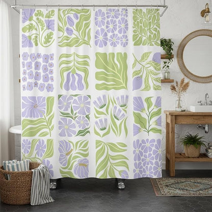 JAWO Cute Boho Floral Shower Curtain, Purple Green Abstract Floral Retro Aesthetic Shower Curtain for Bathroom, Funky Unique Waterproof Fabric Polyester Bath Curtains Decor with Hooks,47Wx64H