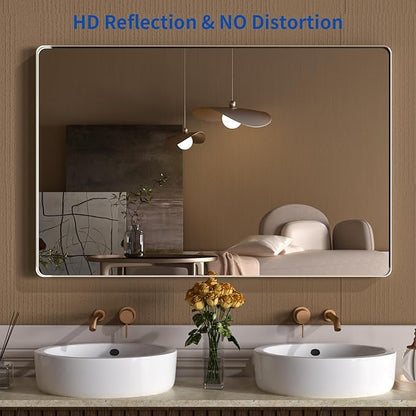 WEER 55X36 Inch Brushed Nickel Bathroom Mirror, Brushed Silver Metal Frame Mirror, Rounded Rectangle Silver Bathroom Vanity Mirror, Tempered Glass, Anti-Rust, Hangs Horizontally or Vertically