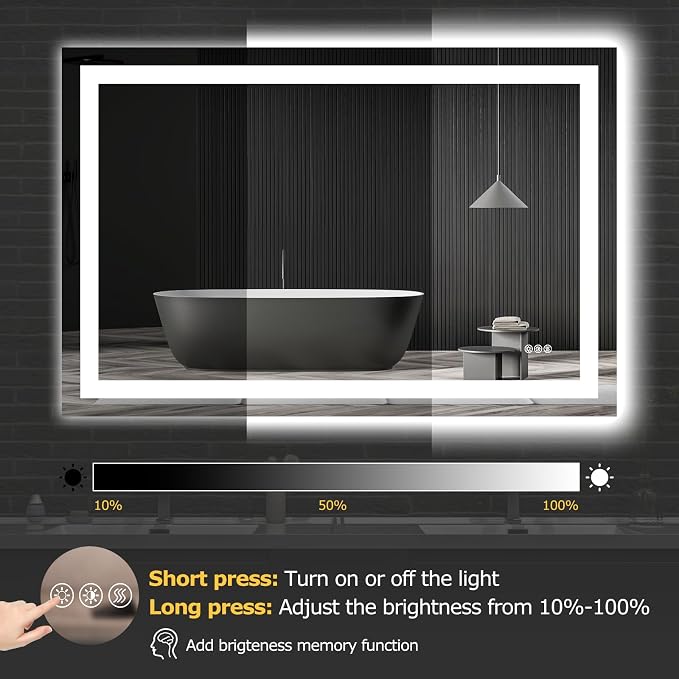 Hivone 48"X32" LED Bathroom Mirror with Lights, Anti-Fog, Dimmable, Backlit + Front Lit, Smart Bathroom Vanity Mirror, Memory Function, Shatterproof, Tempered Glass (Horizontal/Vertical)