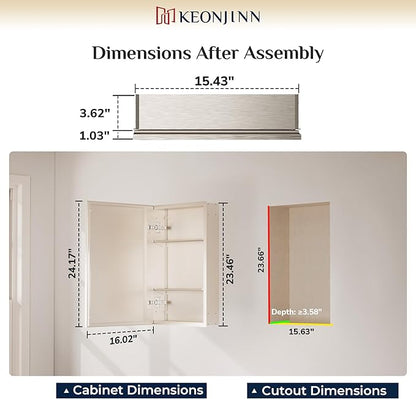 Keonjinn Medicine Cabinet Mirror 16" x 24", Assembly Required, Brushed Nickel Medicine Cabinet with Mirror for Bathroom, Beveled Framed, Wall-Mounted or Recessed, Stepless Adjustable Shelves