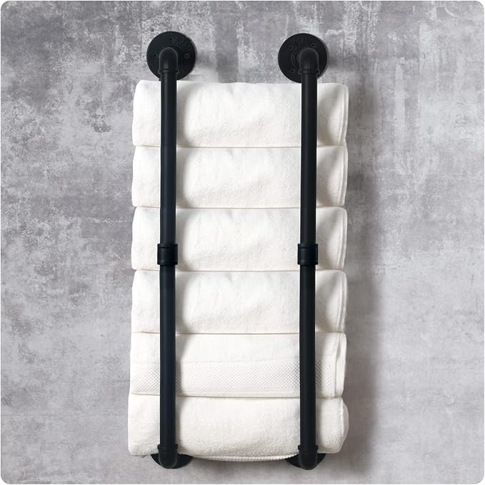 HouseAid Industrial Pipe Towel Rack, Farmhouse Bathroom Towel Storage Holder, Vintage Style Towel Organization, Wall Mounted, Matte Black