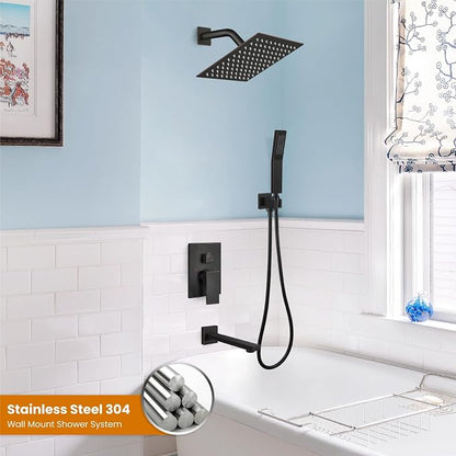 gotonovo Bathtub Shower Faucet Set, 8 Inch Shower Head, Oil Rubbed Bronze | Wall Mounted Shower System with Tub Spout for Bathroom, Square High Pressure Rain Shower head with Handheld Spray, All Metal