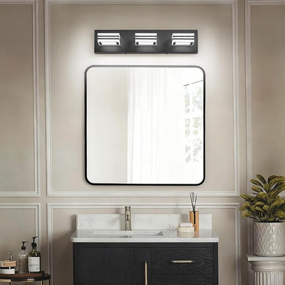 SOLFART LED Bathroom Vanity Light Fixtures： 3 Light Matte Black Modern Acrylic Bathroom Wall Lighting Fixtures Over Mirror Cool White 6000K