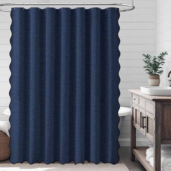 BTTN Large Shower Curtain, 84 Inch Boho Scalloped Linen Textured Thick Fabric Shower Curtain Set with 14 Plastic Hooks, Wide Elegant Country Waterproof Shower Curtains for Bathroom, 84x72, Navy Blue