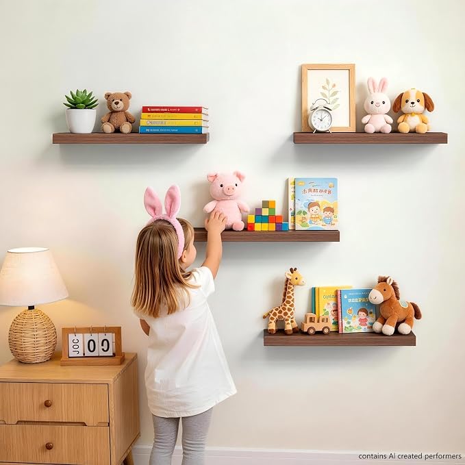 BAYKA Walnut-Like Floating Shelves 15.7in, 3 Pack, Wall Mounted Wall Decor | Easy Install, 22lbs Max Load, Hidden Bracket, Shelving for Bathroom Bedroom Kitchen Display Storage, Multi-Wall Compatible