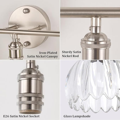 Bathroom Light Fixtures, 3-Light Vanity wall Light Over Mirror with Clear Tulip Glass Shade for Bedroom Living Room (Bulb Not Included), Satin Nickel