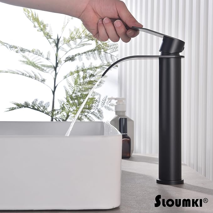 Matte Black Vessel Sink Faucet, High Bathroom Bowl Sink Faucet, Tall Waterfall Bathroom Faucet Single Handle with Hot and Cold Water Hose and Metal Drain