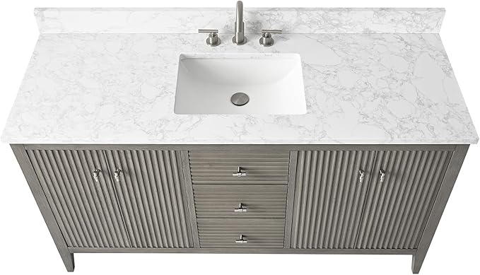 HOMEBEYOND 60" Bathroom Vanity with Single Sink, Solid Wood Bathroom Vanity Free-Standing Cabinet, Ceramic Top & Soft Closing Door, Golden Brushed Handware, Driftwood Gray