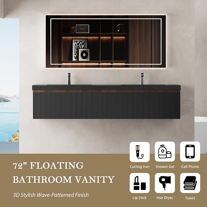 72 Inch Floating Bathroom Vanity with Double Sink, Modern Black Wall Mounted Floating Vanity with Scratch-Resistant Quartz Sand Basin, Soft Closing Drawers, Fully Pre Assembled Bathroom Vanity