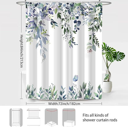 Eucalyptus Shower Curtains for Bathroom, Blue Watercolor Leaves with Floral Shower Curtain Sets with Hooks, Waterproof Fabric Botanical Bathroom Decor, 72x84 Inches