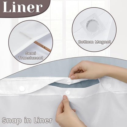 SORTTO No Hook Slub Shower Curtain with Liner, 71x74, Stone Blue | Snap in Liner, 3 in 1, Bamboo Texture, Hotel Style, Waterproof Fabric, Mesh Top Window, Corner Magnets, Machine Washable
