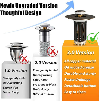 Anlige 3 in 1 Pop Up Bathroom Sink Stopper, Bathroom Sink Drain Strainer, with Removable Basket Hair Catcher, Universal Sink Plug Cover for 1.06 in to 1.6 in Drain, Oil Rubbed Bronze