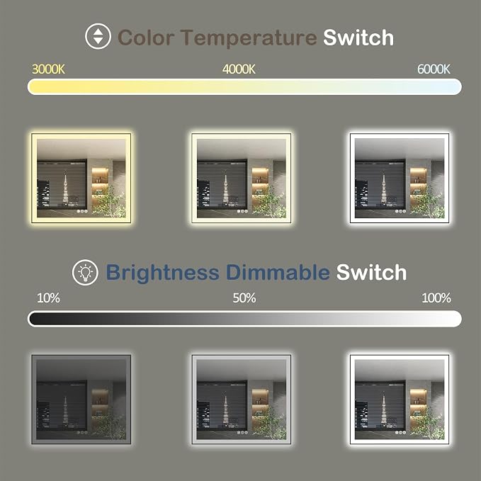 40x36 Inch LED Bathroom Mirror with Black Frame | Black Metal Frame, Front and Backlit, 3 Colors, Dimmable, Memory, Anti Fog, Tempered Glass, Lighted Mirror for Wall