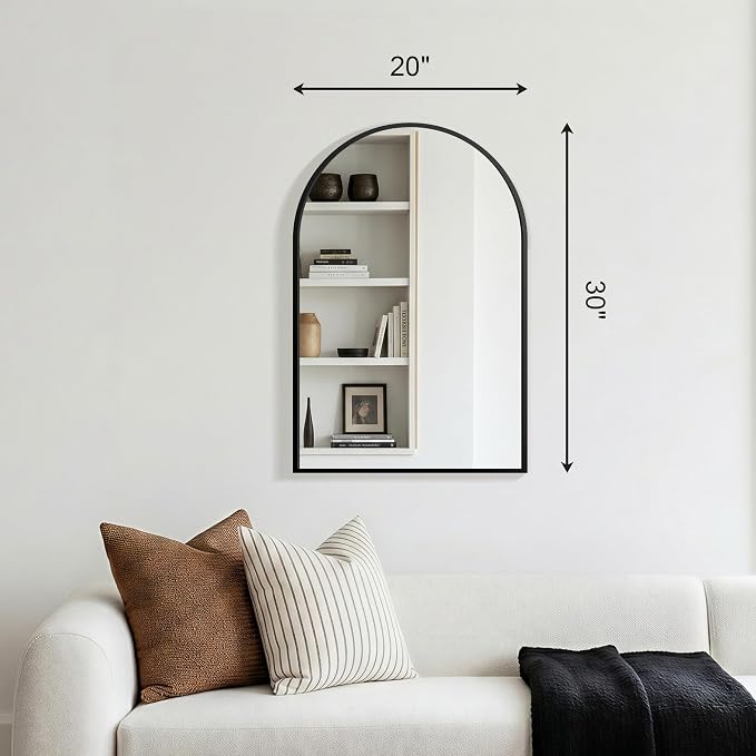 FGU Arched Bathroom Mirror for Over Sink 30"x20" Black Vanity Mirror | Wall Mounted, HD Tempered Shatter-Proof Glass, Rust-proof Arched Metal Frame, Arch Mirror for Bedroom, Living Room, Entryway