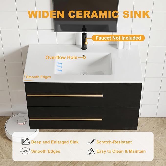 84 Inch Floating Double Sink Bathroom Vanity with Sink Combo, Modern Wall-Mounted Vanities Cabinet with Large Soft-Closing Drawers, Double Vanity Sinks for Bathrooms, Black&Natural
