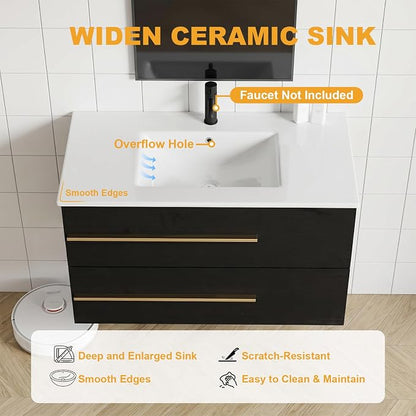 84 Inch Floating Double Sink Bathroom Vanity with Sink Combo, Modern Wall-Mounted Vanities Cabinet with Large Soft-Closing Drawers, Double Vanity Sinks for Bathrooms, Black&Natural