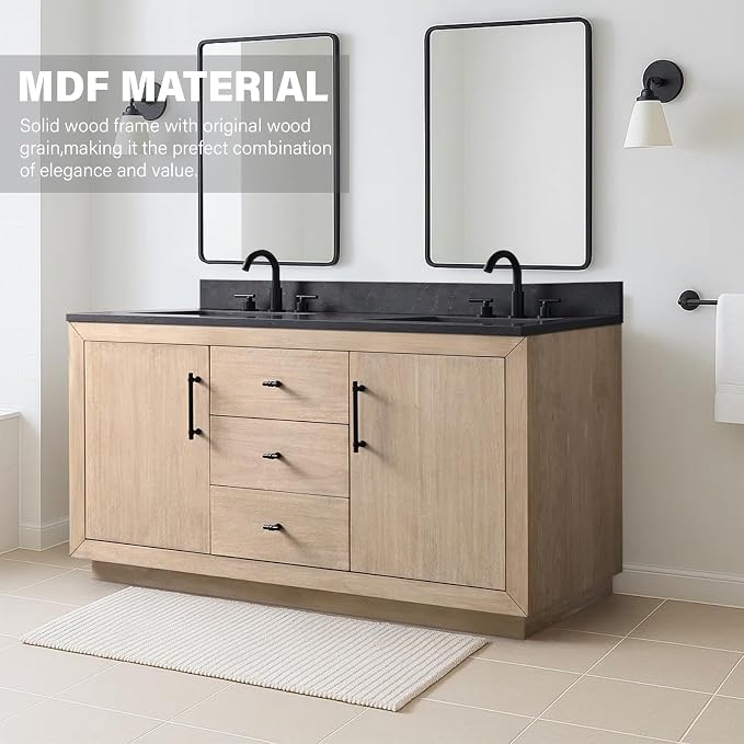 60 Inch Bathroom Vanity with Double Sink & Black Ceramic Top, MDF Material Vanity Cabinet with Basin Combo, Soft-Closing Doors, Removable Shelf, Backsplash