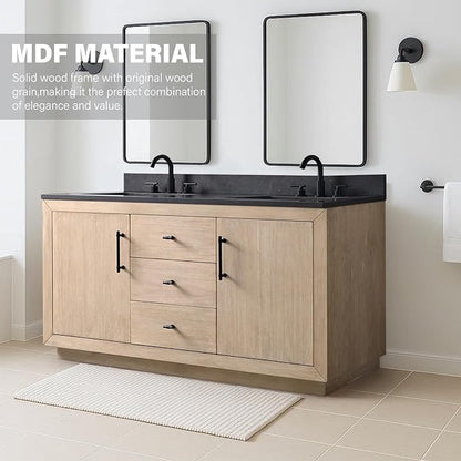 60 Inch Bathroom Vanity with Double Sink & Black Ceramic Top, MDF Material Vanity Cabinet with Basin Combo, Soft-Closing Doors, Removable Shelf, Backsplash
