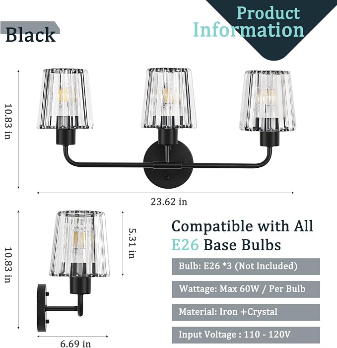 Black Vanity Lights, 3-Light Crystal Bathroom Light Fixtures | Modern Bathroom Vanity Light E26 Wall Light over Mirror (Exclude Bulb)