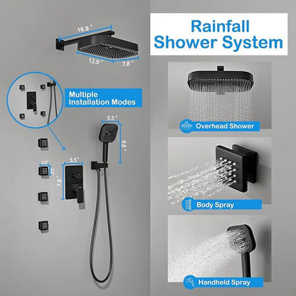 12" Rain Shower System with 4 Massage Body Jets,Shower Faucet Set Luxury Shower Head System with 3-in-1 Handheld,Wall Mounted Shower System Set with Valve and Trim Kit,Matte Black