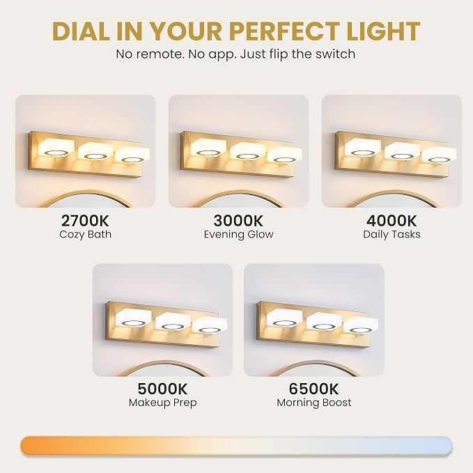 Bathroom Vanity Light, 3-Light 16 Inch Brushed Gold 5CCT 2700-6500K LED Bathroom Light Fixtures Over Mirror, Vanity Lighting Modern Bath Wall Sconce for Mirror Bedroom Living Room