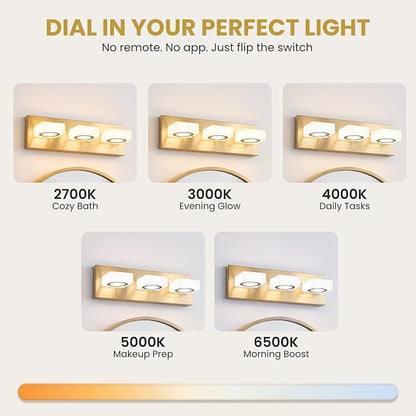 Bathroom Vanity Light, 3-Light 16 Inch Brushed Gold 5CCT 2700-6500K LED Bathroom Light Fixtures Over Mirror, Vanity Lighting Modern Bath Wall Sconce for Mirror Bedroom Living Room